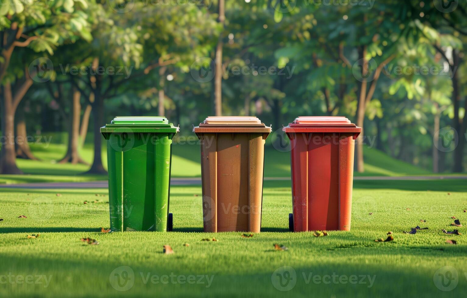 AI generated Three color trash bins in the park photo