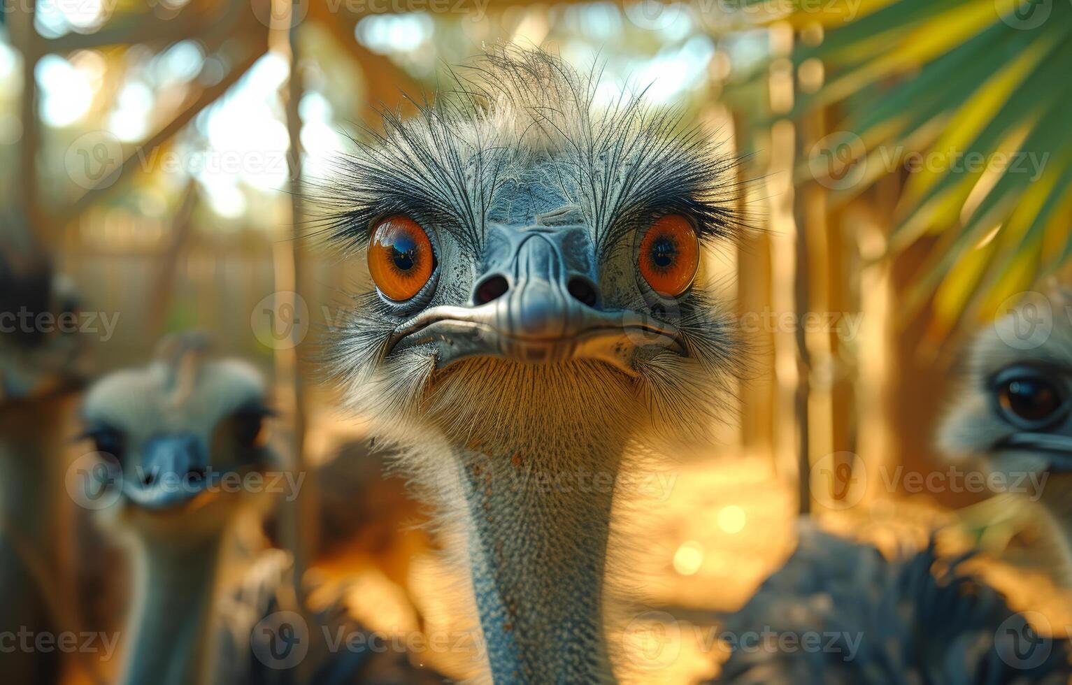 AI generated Ostrich looking at the camera. An ostrich standing next to other ostriches in an enclosure photo