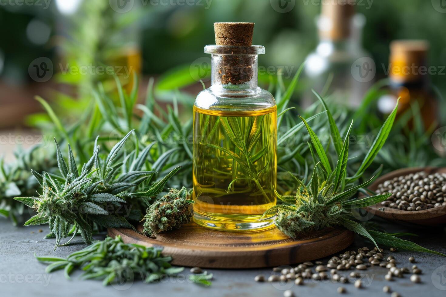 ai generado botella de cáñamo petróleo con canabis planta. canabis petróleo para ansiedad desde canabis plantas foto