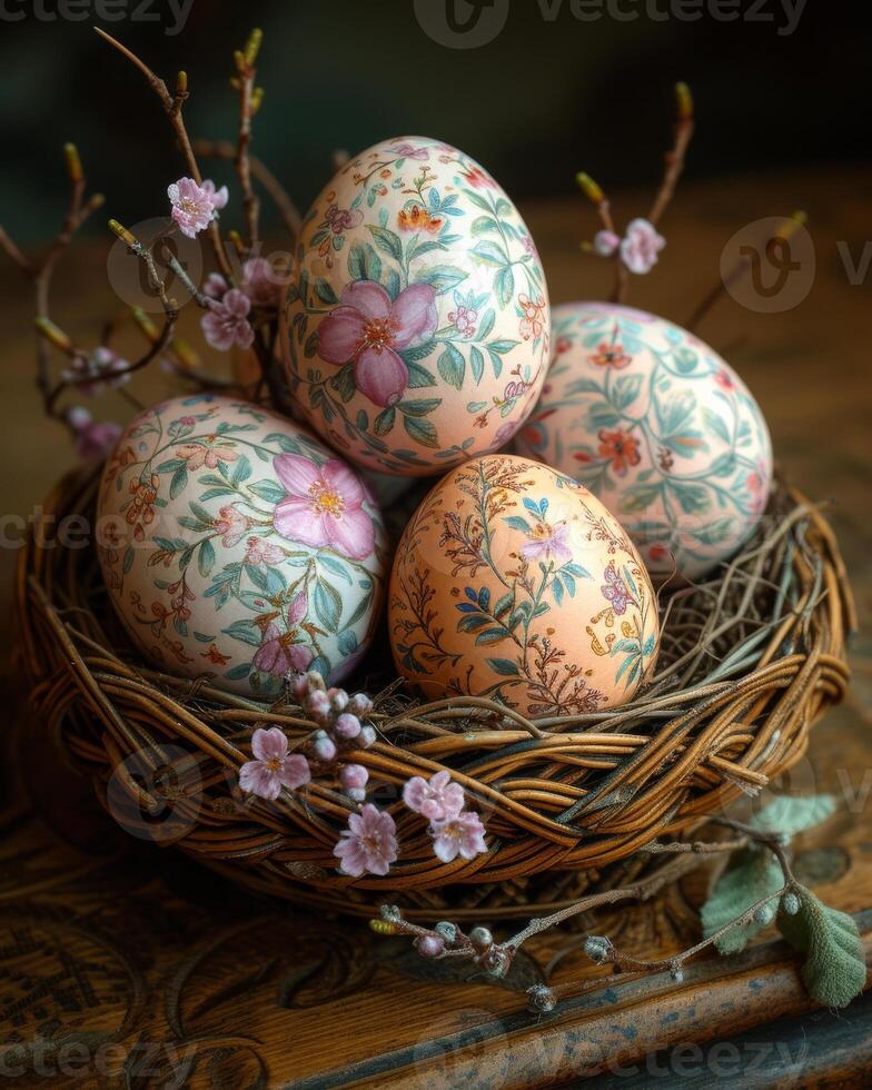ai generado Pascua de Resurrección huevos en mimbre nido. algunos pintado anidamiento Pascua de Resurrección huevos son sentado en un cesta en un antiguo de madera mesa foto