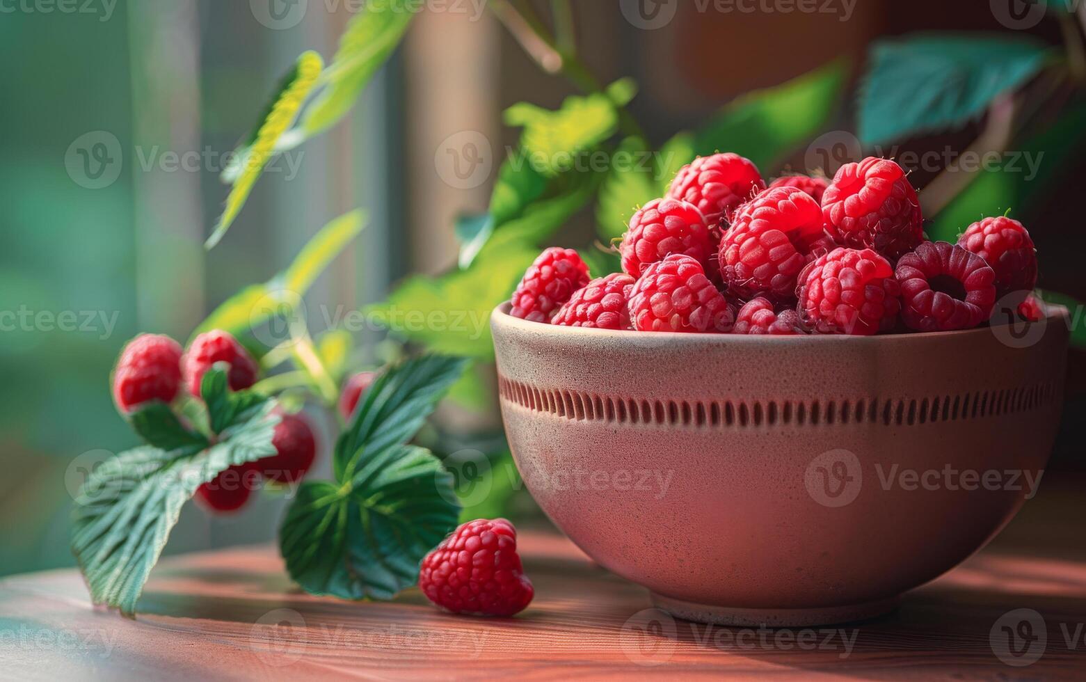 AI generated Raspberries in clay bowl on wooden table photo