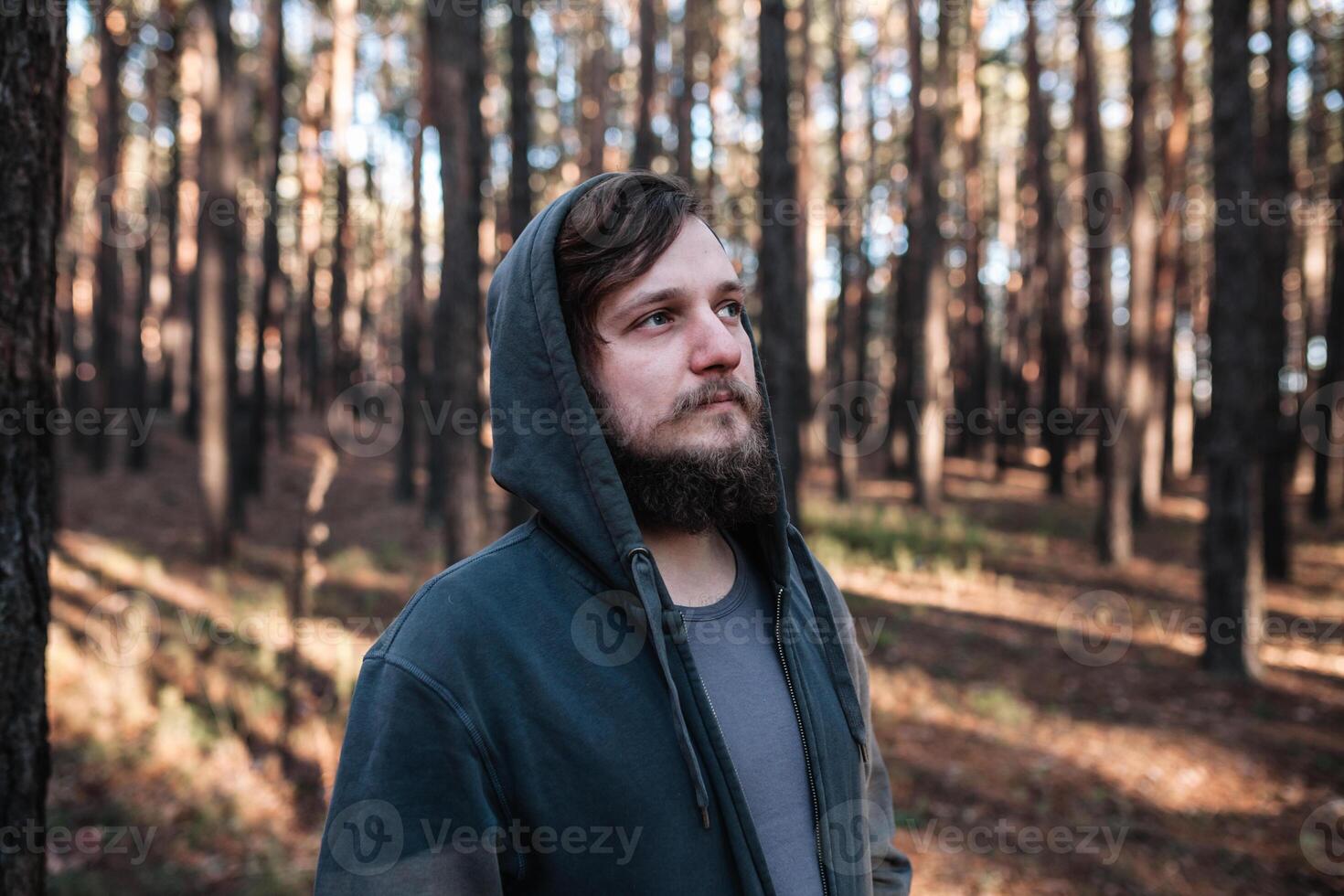 close up portrait of a bearded hipster tourist in gray hood man in the sunlight woods forest photo