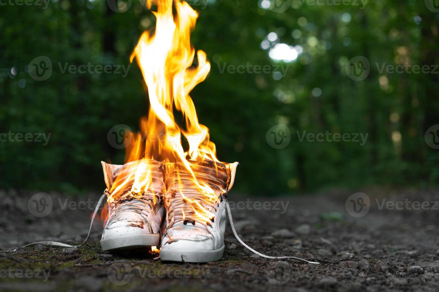 Used white high sneakers burning on a rural road that runs in the forest. photo