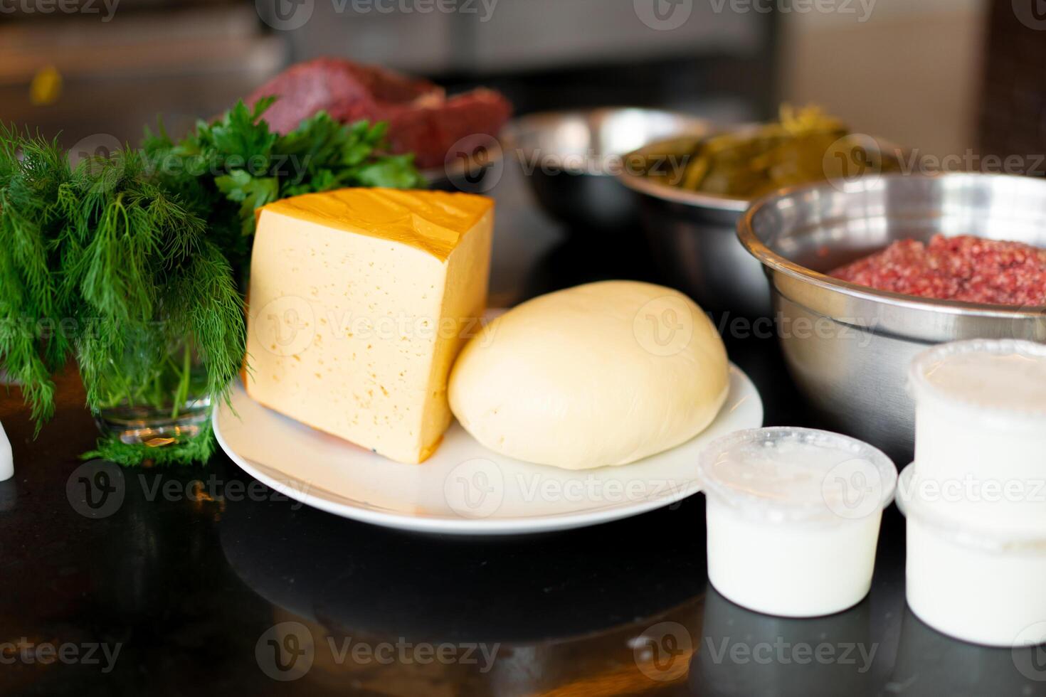 Meat beef cheese sour cream suluguni dill ingredients for the preparation of Georgian cuisine photo