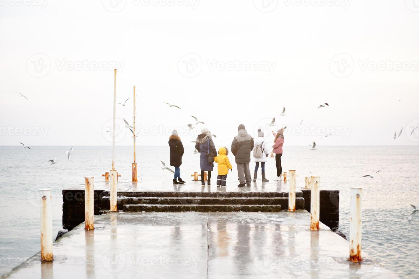 A group of people in winter clothes are standing on the dock and feeding the gulls from their hands. Winter sea and birds. photo