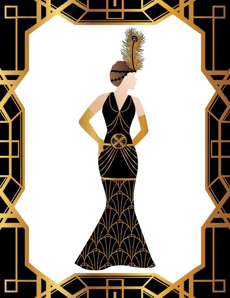 Art Deco Gatsby Style Women Fashion Dress Illustration Design with Frame vector
