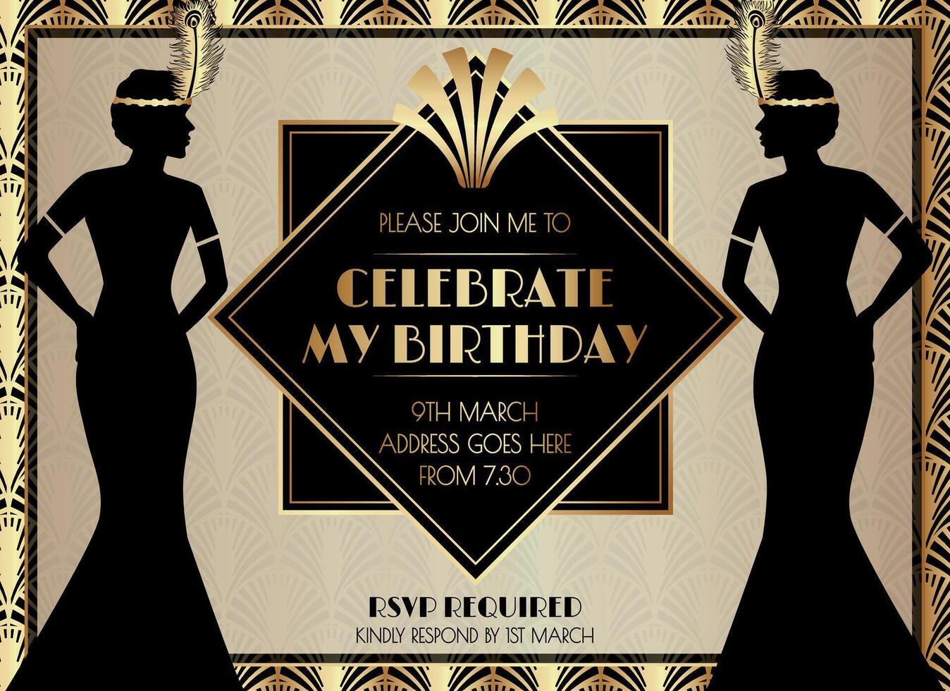 Geometric Gatsby Art Deco Style Birthday Invitation Design with Woman vector