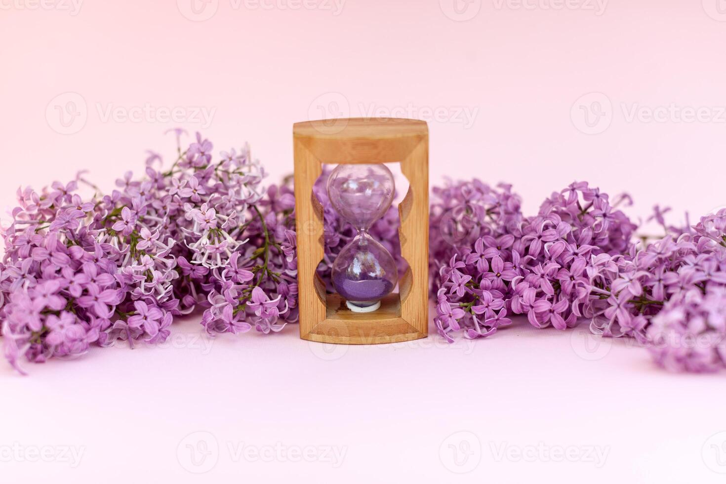 Sand running through the bulbs of an hourglass measuring the passing time in a countdown to a deadline, on a flower lilac spring background with copy space. photo