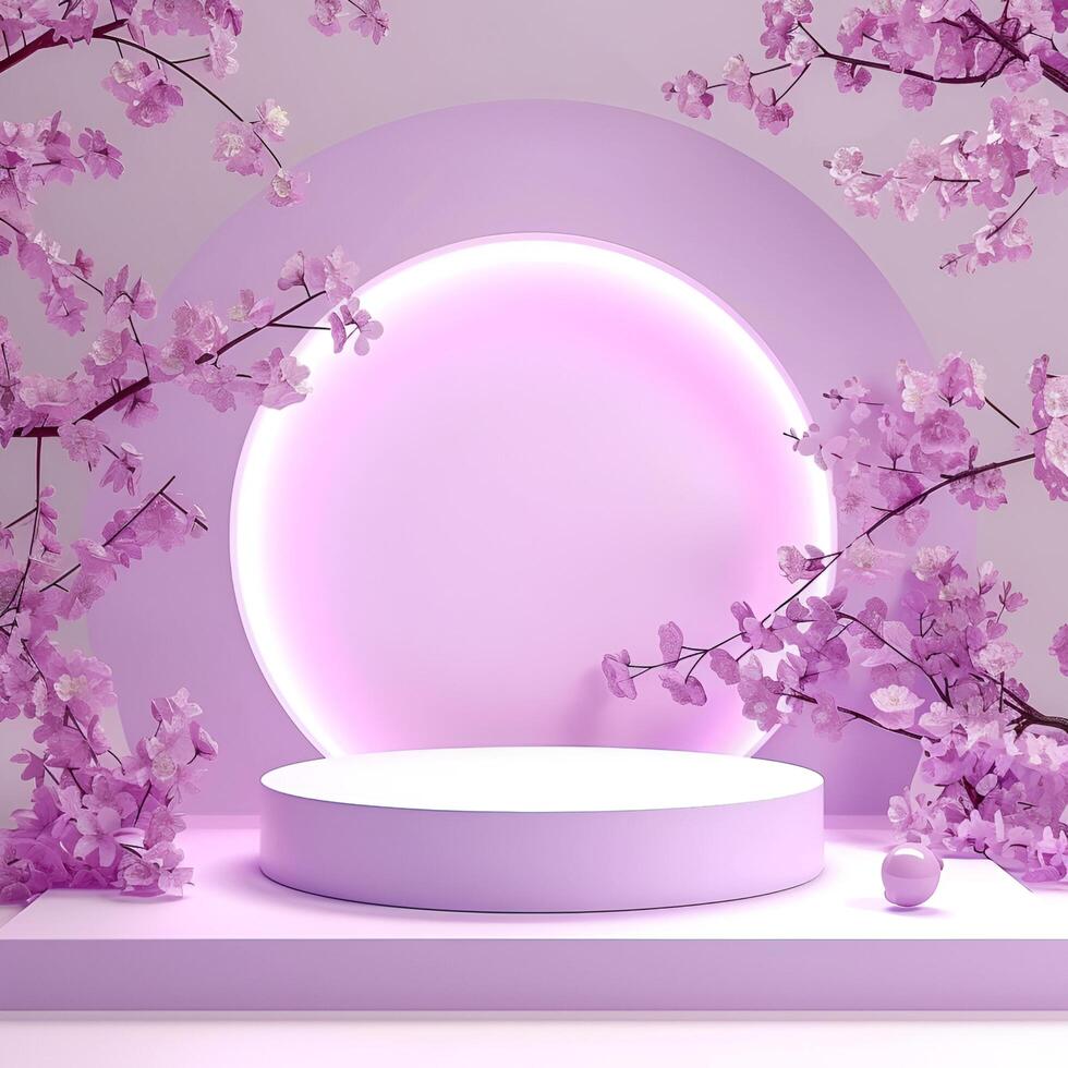 AI generated Purple product podium display with light and flowers. 3D podium display photo