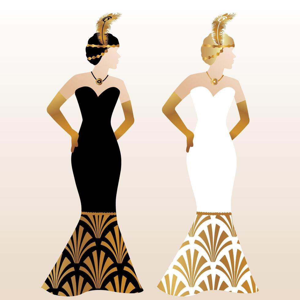 Gatsby Art Deco Illustration Design with Women in Gold Pattern Dress vector