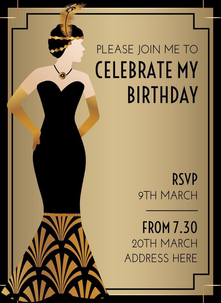 Gatsby Art Deco Style Birthday Invitation Design with Woman vector