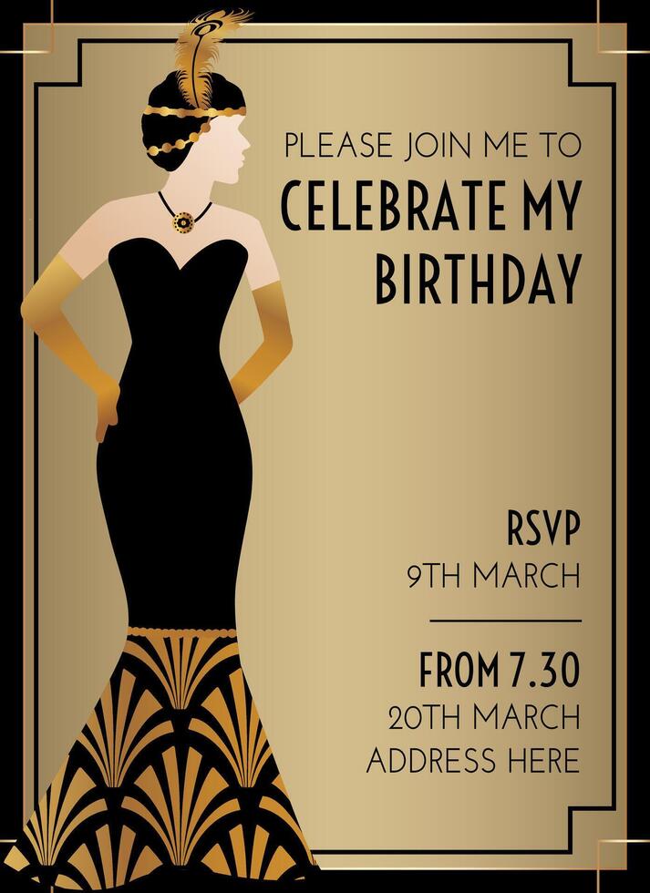 gatsby Arte deco estilo cumpleaños invitación diseño con mujer vector