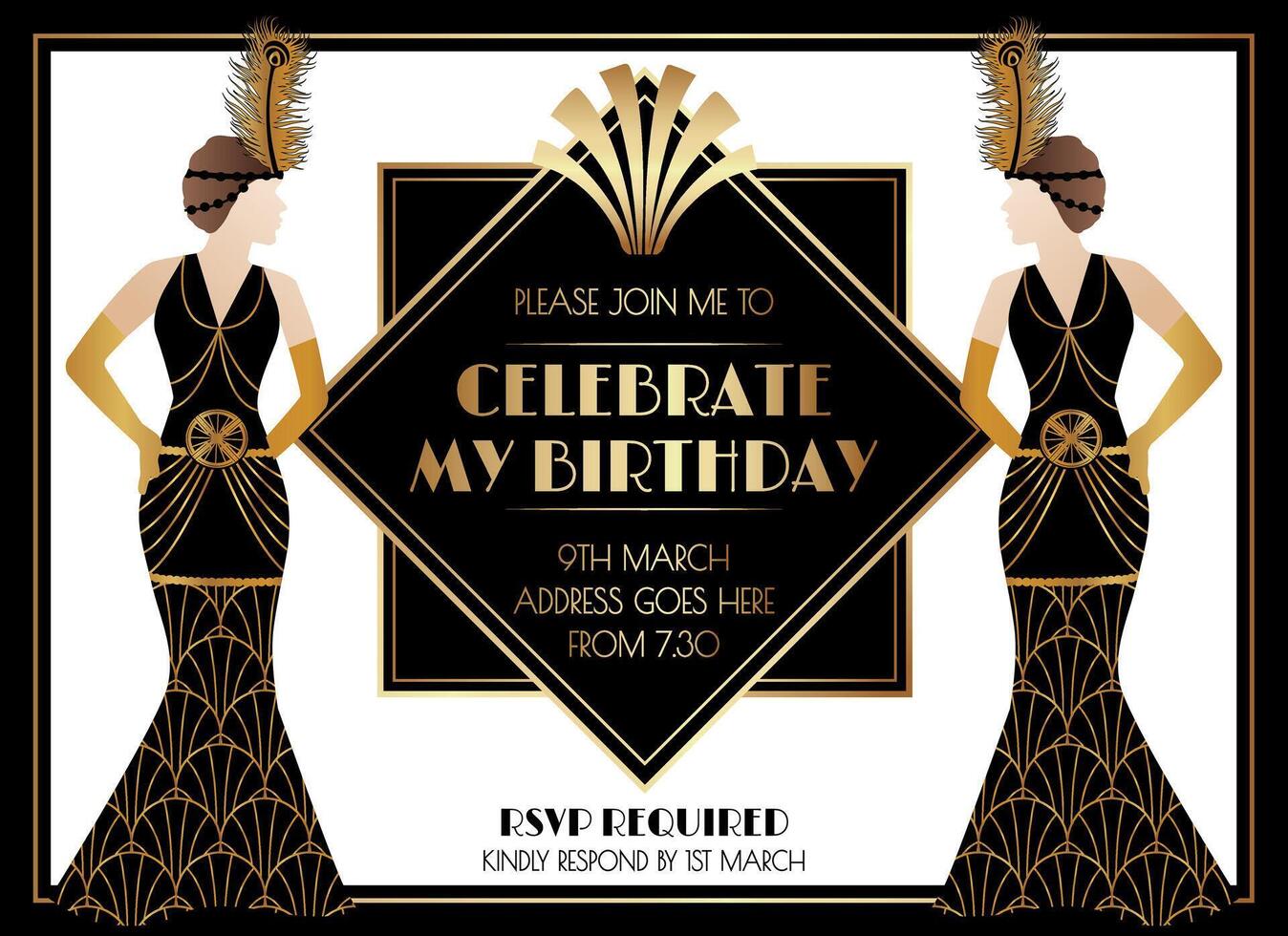 Geometric Gatsby Art Deco Style Birthday Invitation Design with Woman vector