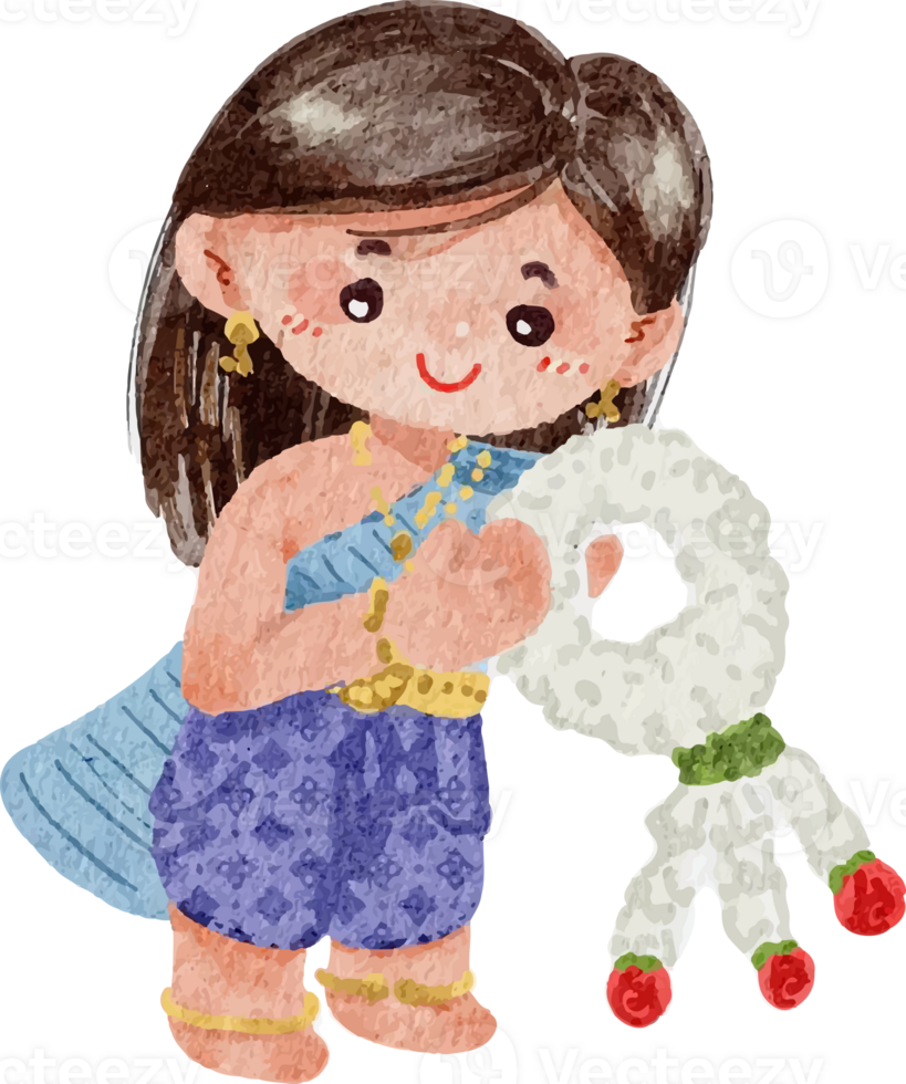 watercolor cute girl in traditional dress with garland Songkran Thai water festival element png