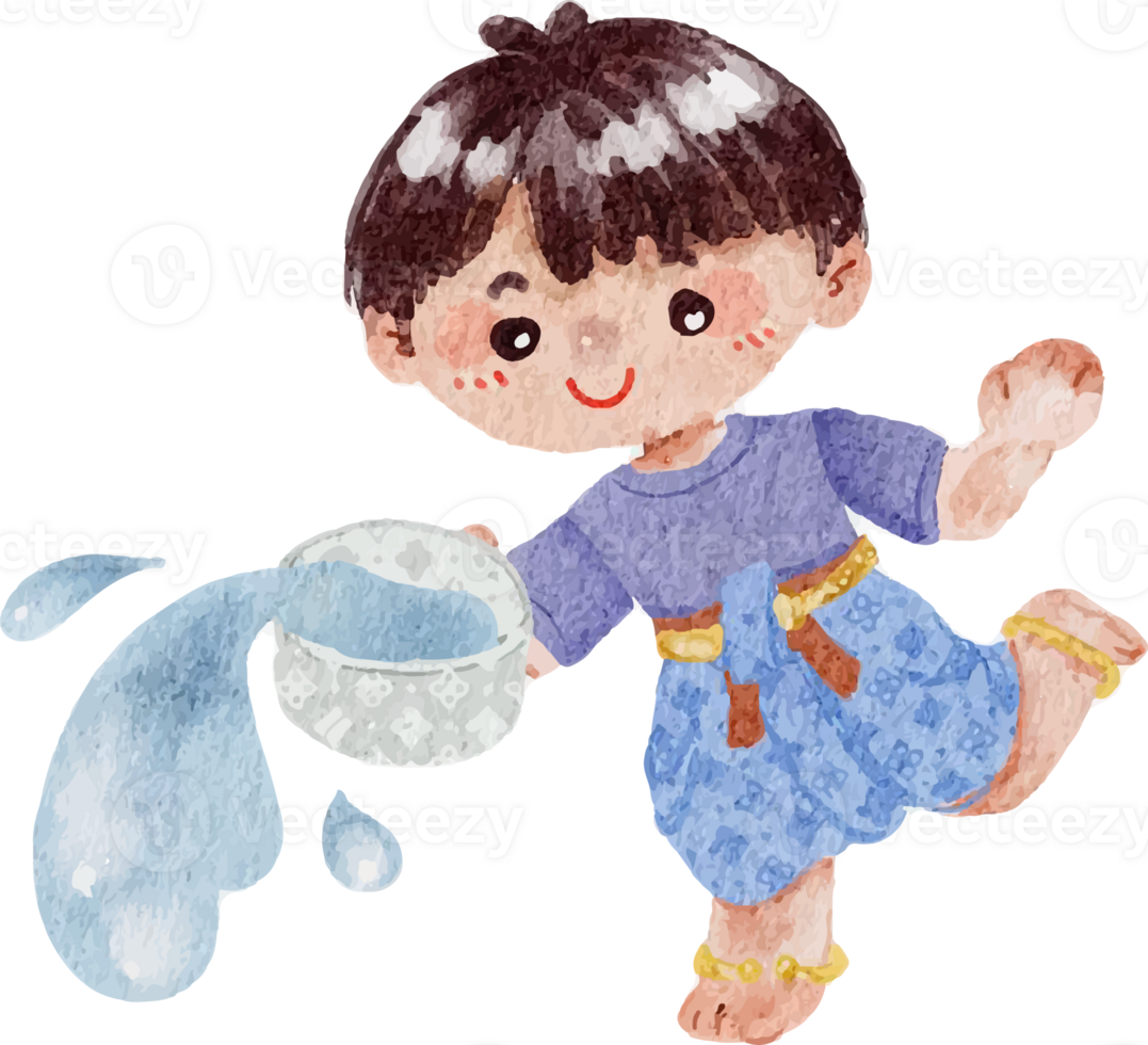 watercolor cute boy in traditional dress with water bowl Songkran Thai water festival element png