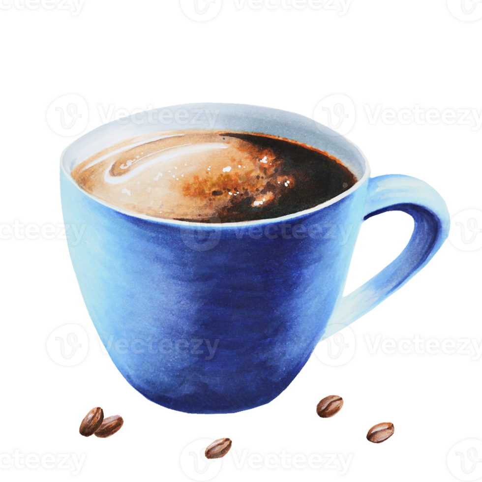 Watercolor strong americano illustration coffee in a porcelain cup with coffee beens. Hand painting on isolated background. For designers, menu, shop, bar, bistro, restaurant, for po png