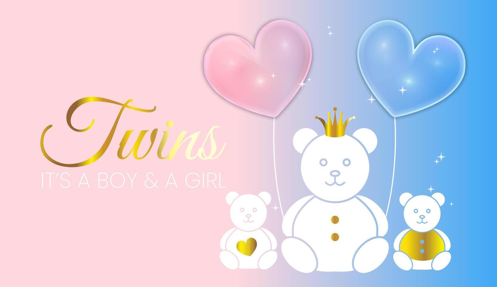 Cute Baby Shower Invitation Design. Blue and Pink Twins It's a Girl and a Boy Vector Illustration with Gold Bears and Heart Balloons for Girl and Boy