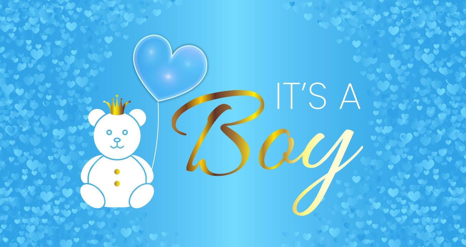 Baby Shower Invitation Design. It's a Boy Vector Illustration with Blue Bright Bear, Baloon and Gold