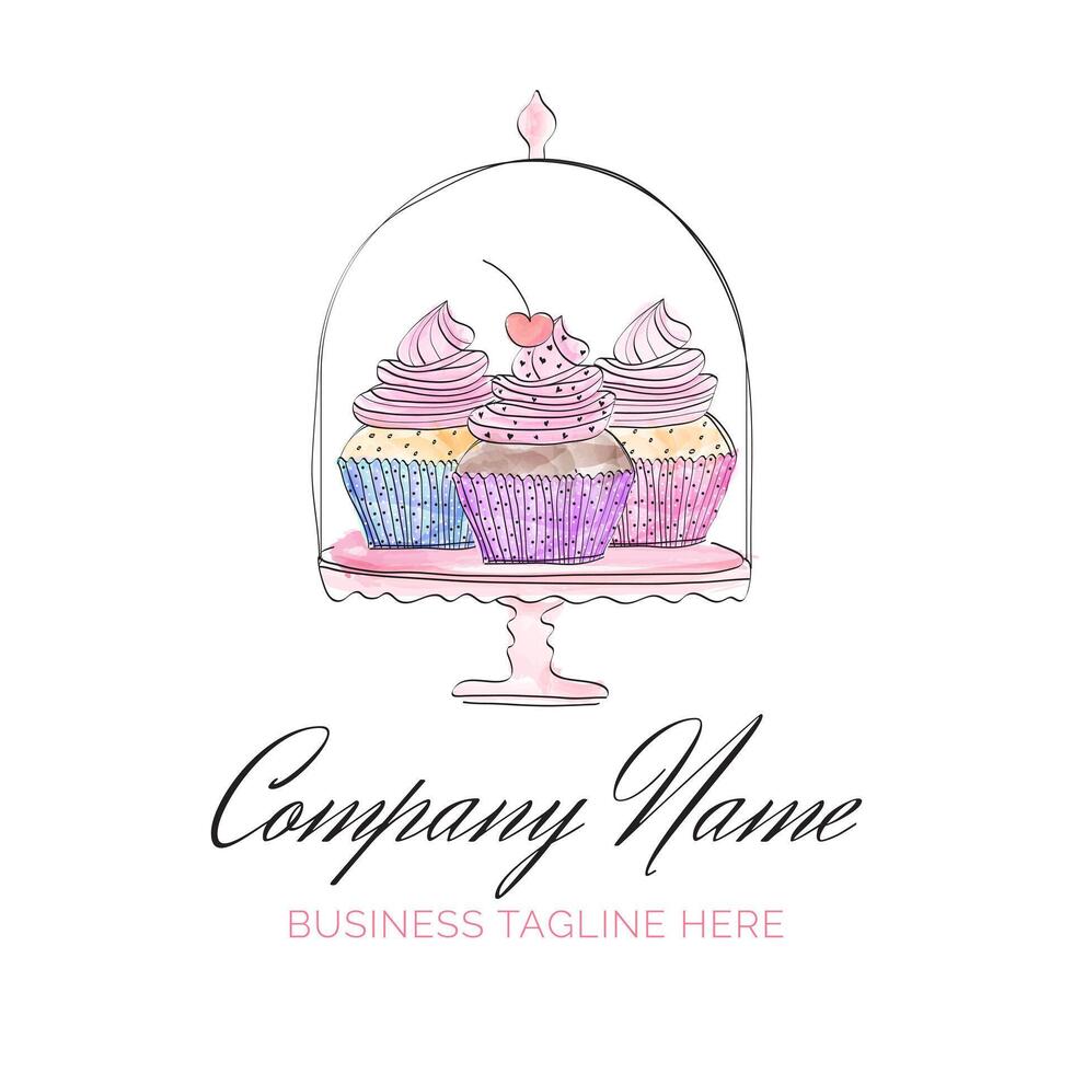 Beautiful Cupcakes in Muffin Holder Hand Drawn Doodle Logo vector