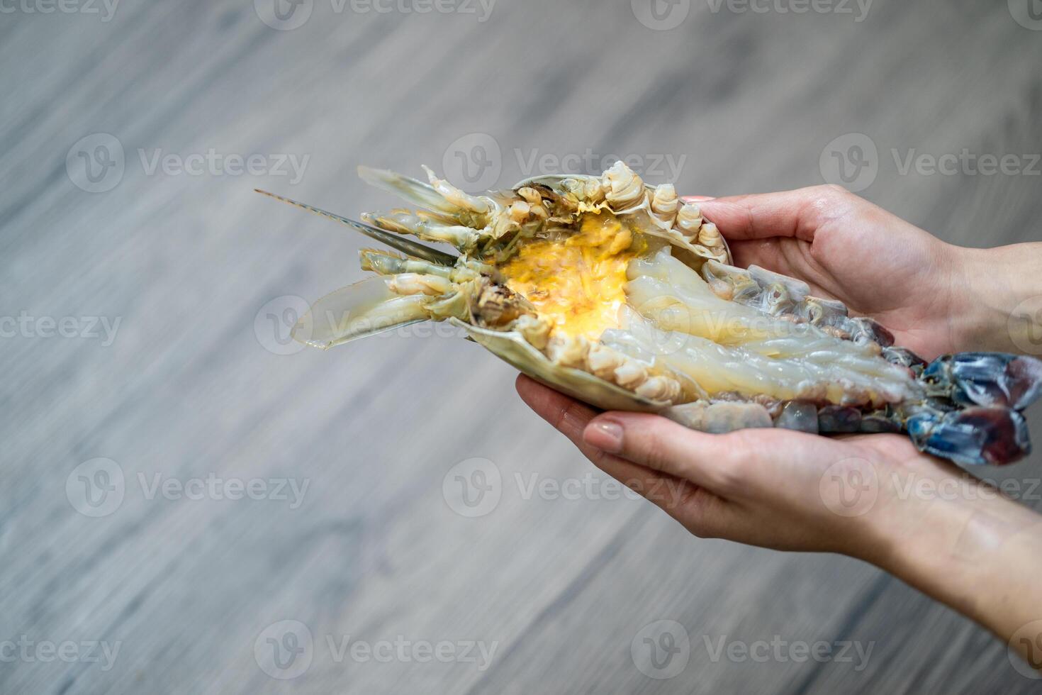Hand holding giant fresh water prawn. photo