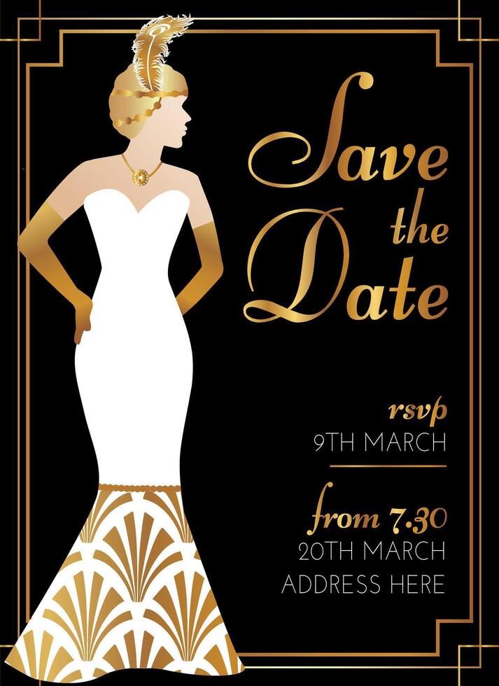 Gatsby Art Deco Save the Date Wedding Invitation Design with Woman in White Bridal Wedding Dress vector