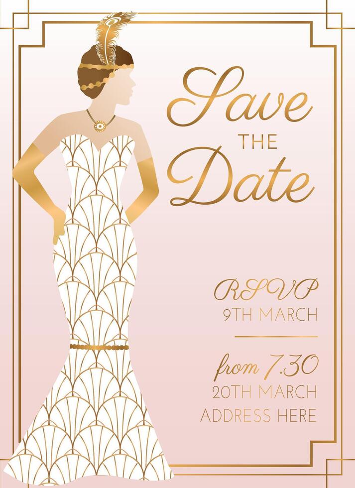 Pink Save the Date Wedding Invitation Design with Woman in Bridal Wedding Dress vector