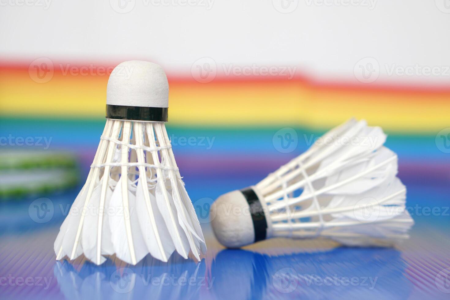 Badminton shuttlecock, sport equipments. Concept, sport, exercise, recreation activity for good health. Popular sport for all genders and LGBTQ worldwide. photo