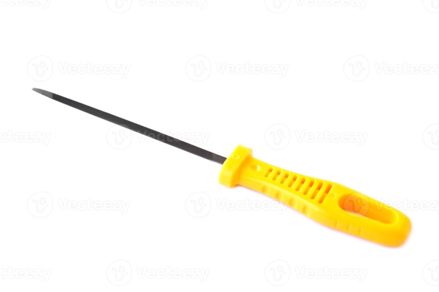 Metal rasp, yellow handle isolated on white background. Concept, Equipment, handwork tool for sharpening other materials. photo