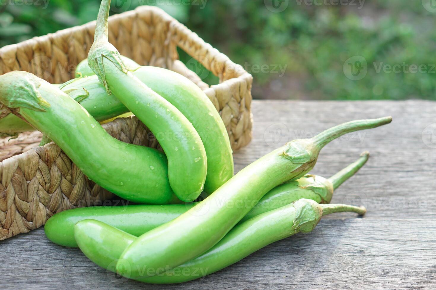 Fresh green long eggplants in basket. Concept, agriculture crop in Thailand. Food ingredient which can be cooked for variety delicious menu. Healthy eating, high fiber, reduce cholesterol levels. photo