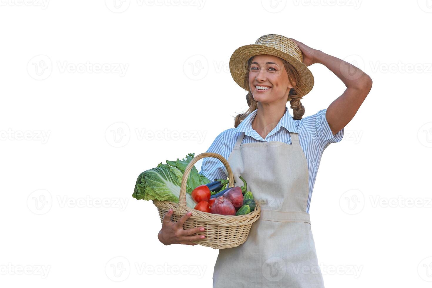 Woman dressed apron white background Caucasian middle age  female business owner in uniform photo