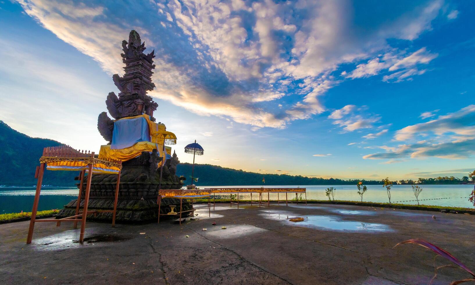 background of the silence of Nyepi day with the temple at sunset photo