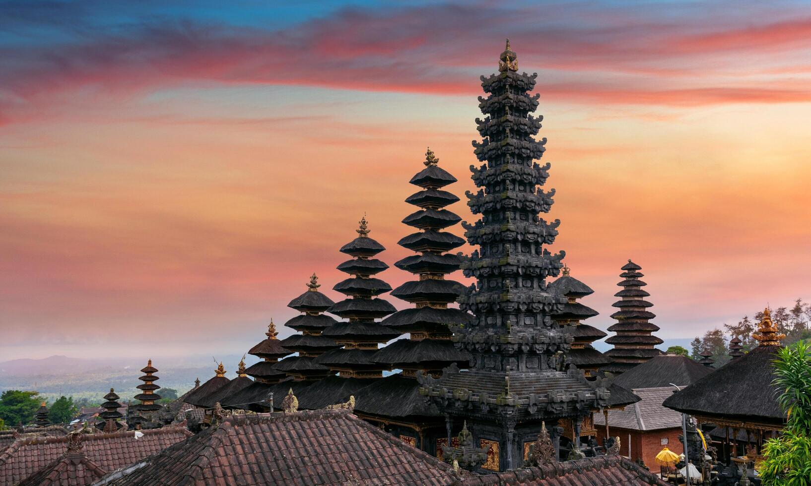 background of the silence of Nyepi day with the temple at sunset photo