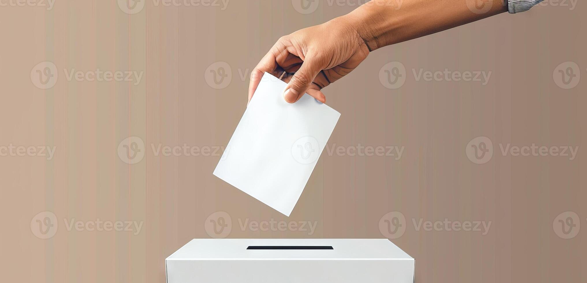 AI generated Hand placing a ballot into voting box. Voter. Caucasian person voting. On solid beige background. Concept of democracy, presidential elections, freedom, political process. Banner photo