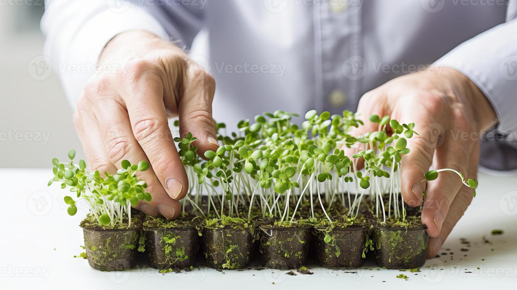 AI generated Close-up on hands nurturing small green plant sprouts. Individual gardening microgreens. Concept of urban farming, hands-on agriculture, green living, home gardening photo