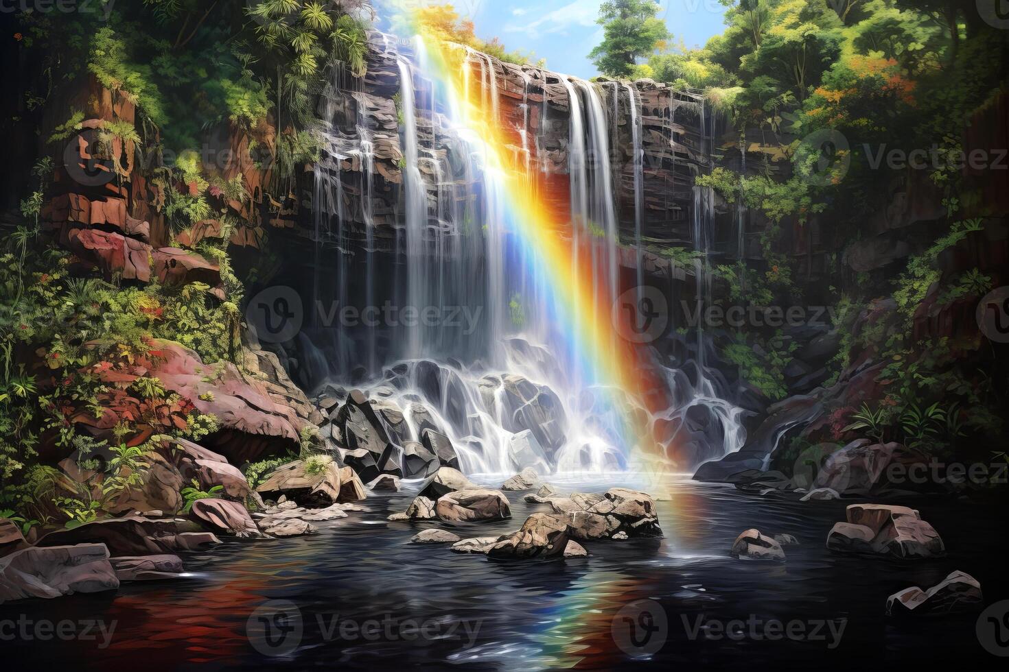 AI generated Rainbow arching over a forest waterfall. Concept of serene landscape, natural splendor, rainbow miracle, and tranquil environment photo