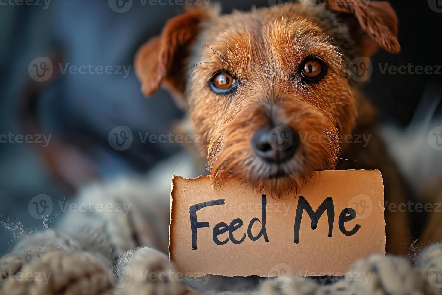 AI generated Cute hungry dog with large, pleading eyes holding a Feed Me cardboard sign. Concept of pet care, animal feeding, funny puppies, and humorous pet expressions photo