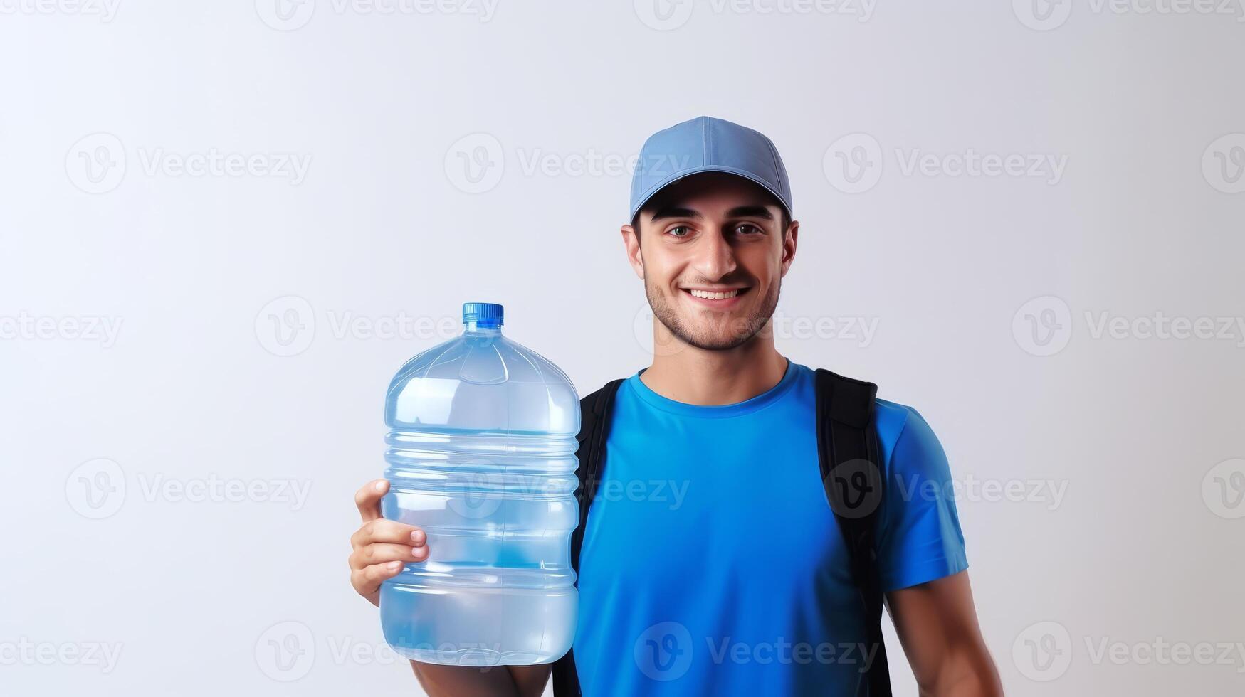 AI generated Smiling man in blue uniform with large water bottle. Light background. Banner with copy space. Concept of water delivery, hydration service, drinking supply, refreshment. photo