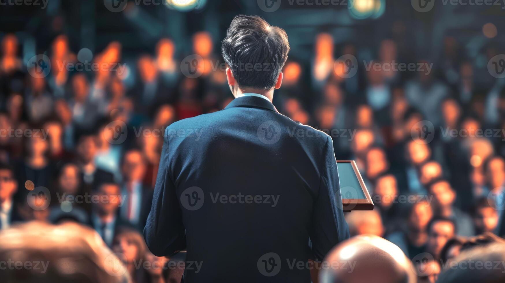 AI generated Presidential candidate delivering a speech to voters. Orator on stage. Back view. Asian man. Concept of political campaign, leadership, election rally, and public address photo