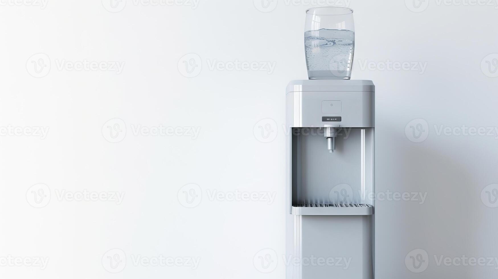 AI generated Office water cooler with bottle on top. Concept of workplace hydration, water dispenser, office equipment, and corporate wellness. Light backdrop. Banner. Copy space. photo