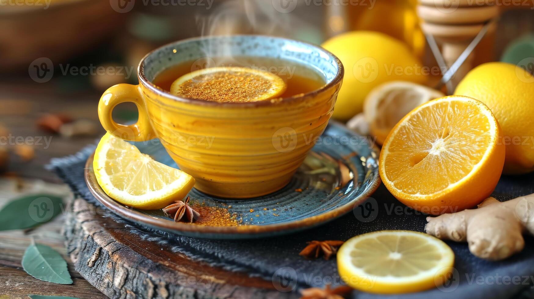 ai generado caliente limón té en un hecho a mano taza, rodeado por Fresco limones concepto de natural recurso, consolador bebidas, y artesanal batería de cocina foto