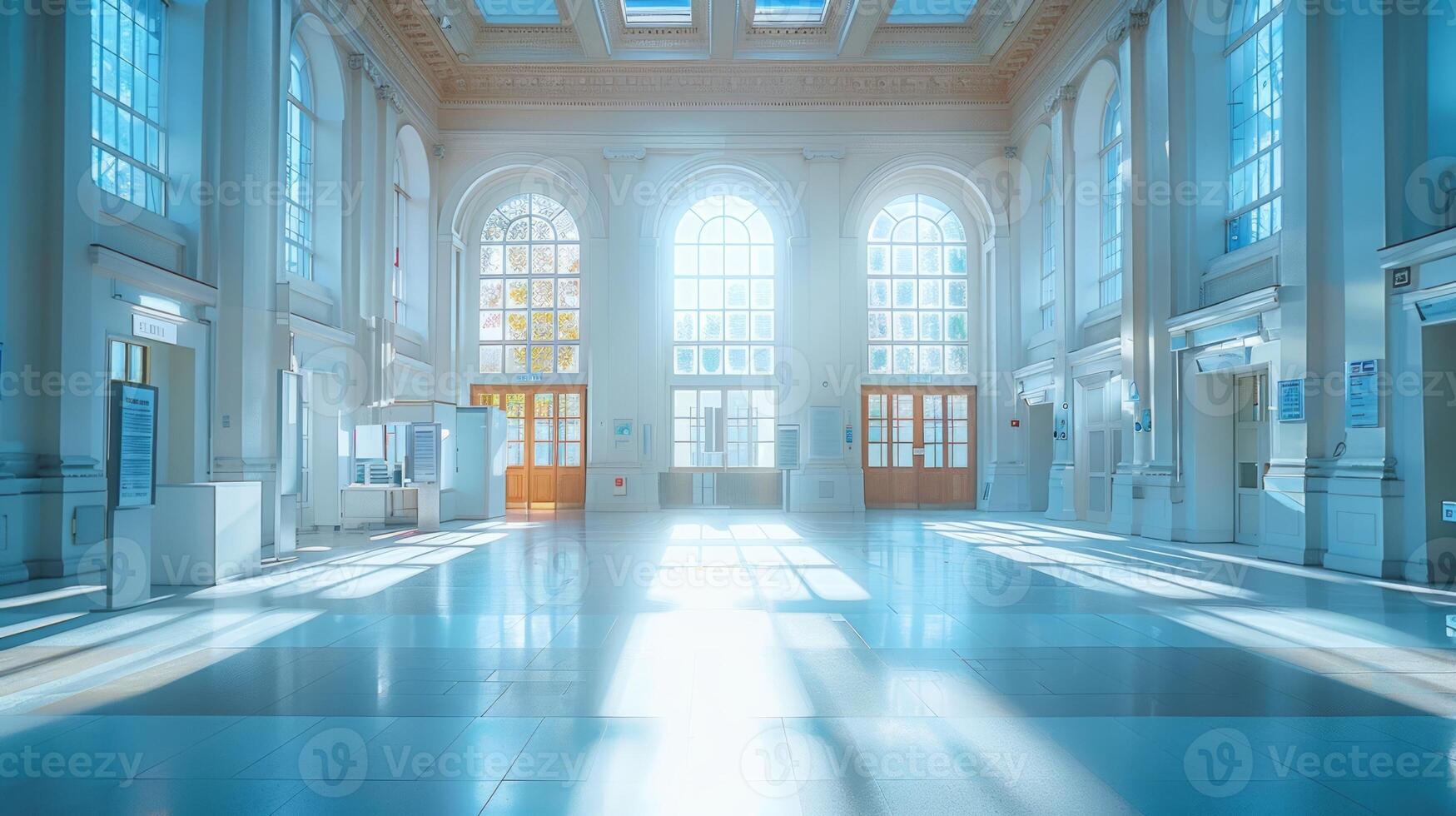 AI generated Spacious and elegant empty voting hall with high ceilings and natural light streaming through. Concept of dignified elections, public service spaces, and classical architecture photo
