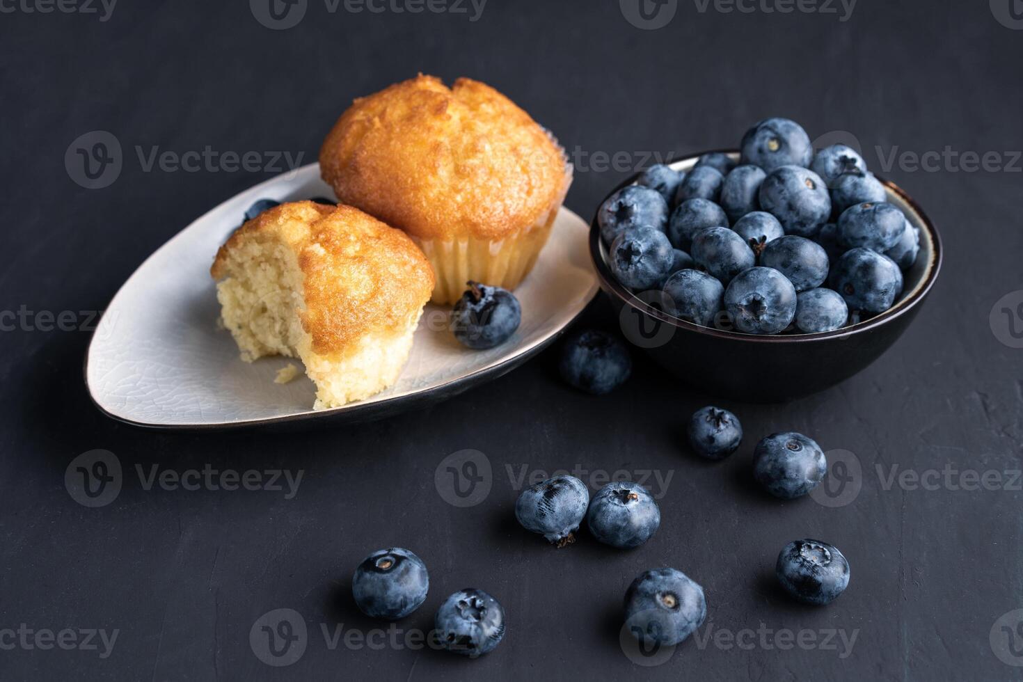 Blueberry antioxidant organic superfood in ceramic bowl and sweet muffin photo