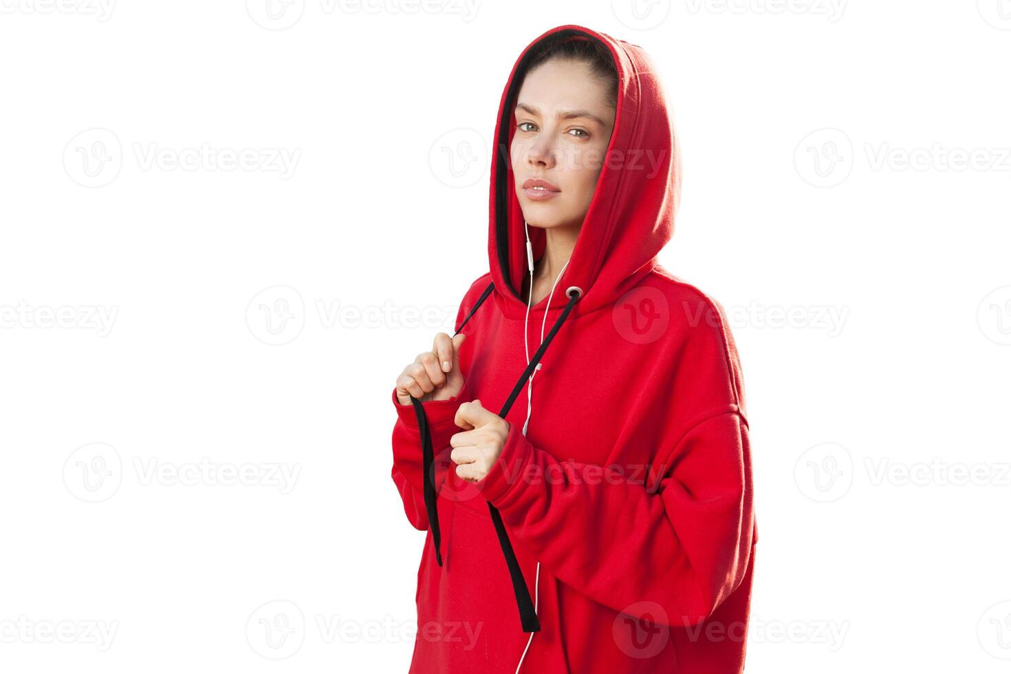 Beautiful caucasian sporty woman to trendy red hoodie photo