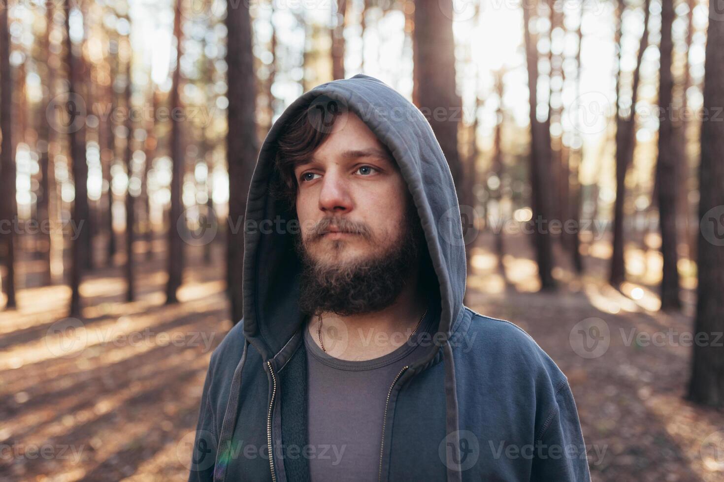 close up portrait of a bearded hipster tourist in gray hood man in the sunlight woods forest photo