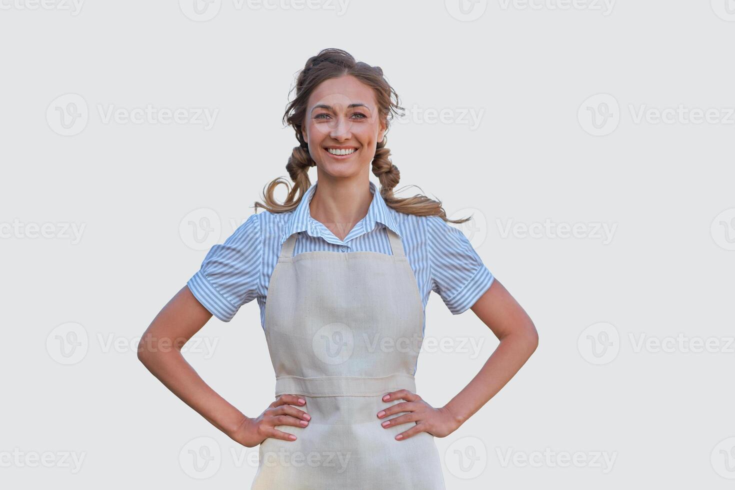 Woman dressed apron white background Caucasian middle age  female business owner in uniform photo