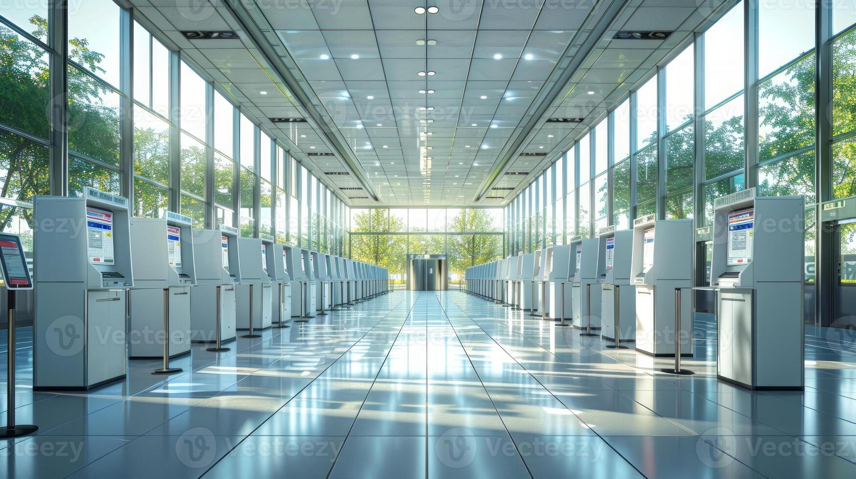 AI generated Brightly lit empty voting center with rows of digital ballot booths. Concept of elections, efficient electoral systems, advanced voting technology, and civic participation photo