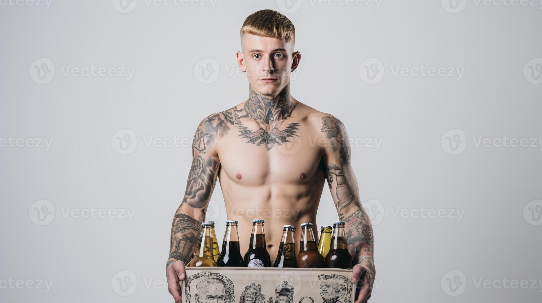 AI generated Tattooed man holding a crate of beer bottles. Concept of beer tasting, party, friendly gathering, and enjoyment. Light background. Copy space photo