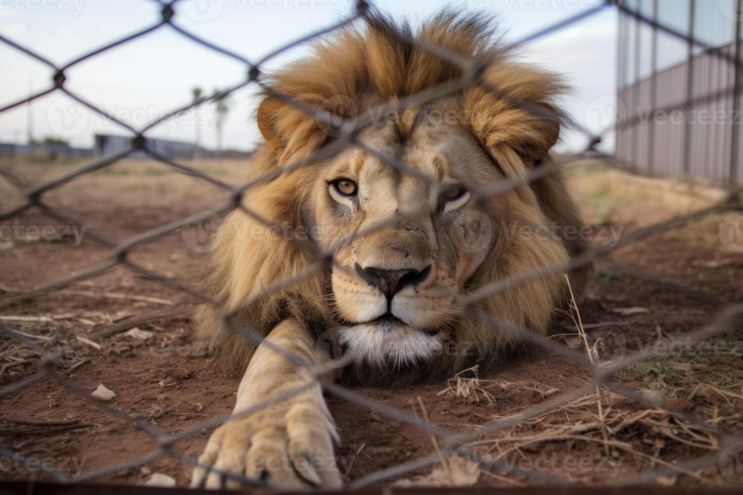 AI generated Majestic Lion locked in cage. Lonely lion in captivity behind a fence with sad look. Concept of animal rights, wildlife conservation, captivity stress, endangered species photo