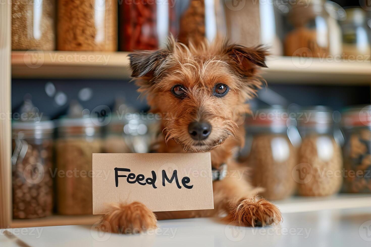 AI generated Adorable hungry dog with pleading eyes holding a Feed Me cardboard sign in the kitchen. Concept of pet care, animal feeding, funny dogs, and humorous pet expressions photo