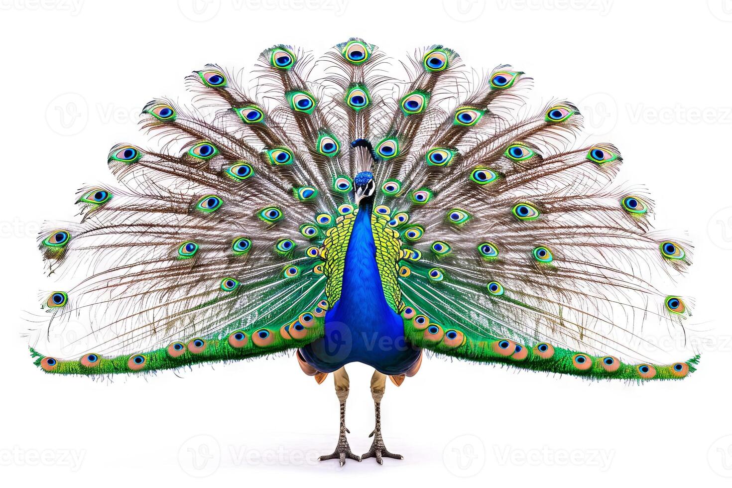AI generated Colorful peacock with open tail on white background. Concept of animal display, feather patterns, ornithology, and bird watching photo